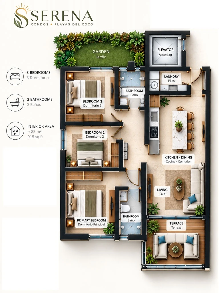 Serena Condos 1st and 2nd Floor 3BR 2BA Floor Plan